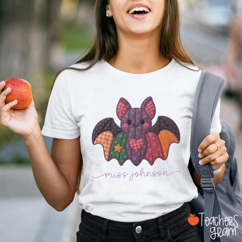 Personalized Name Floral Faux Patchwork Bat Teacher T-Shirt