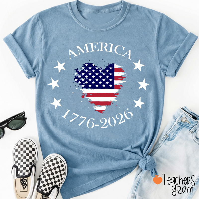 America 250th Anniversary Heart Flag Teacher T-Shirt