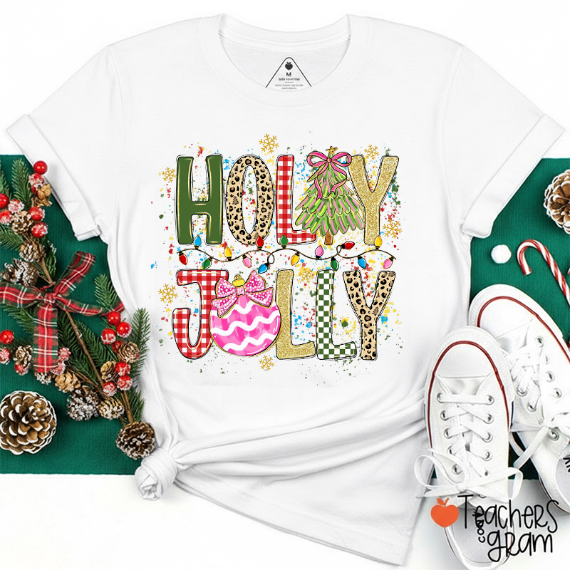 Holly Jolly Christmas Color Splash Teacher T-Shirt