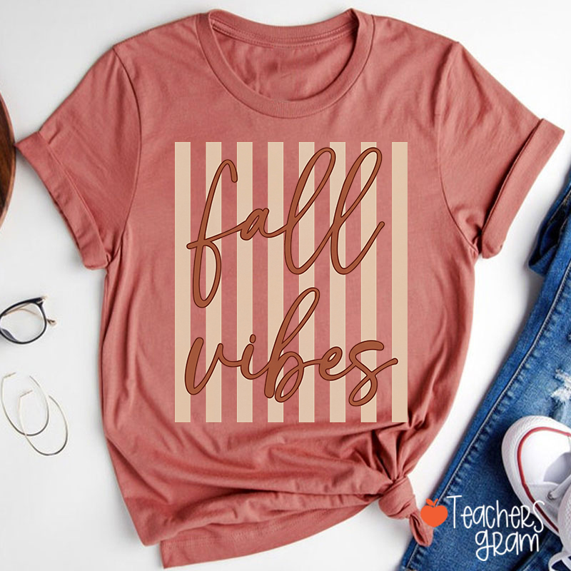 Fall Vibes Striped Retro Autumn Teacher T-Shirt