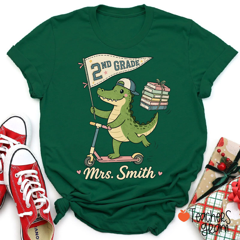 Personalized Name And Grade Pennant Book Skate Teacher T-Shirt
