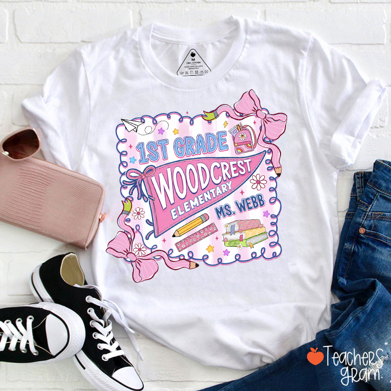 Personalized Grade School Name Bow Stationery Teacher T‑Shirt