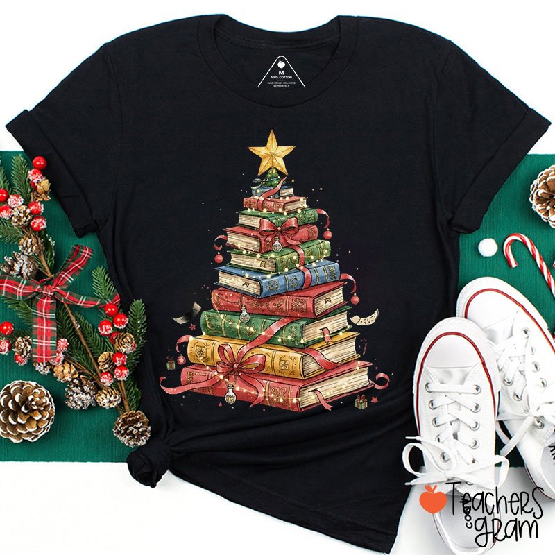 Christmas Tree Book Lover Teacher T-Shirt