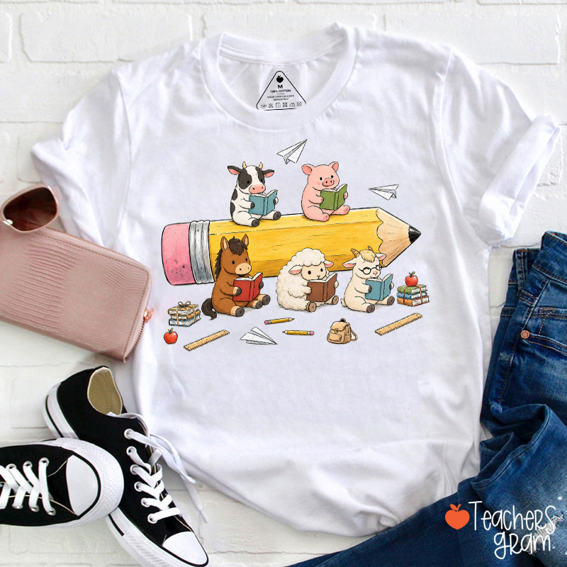 Farm Animals Reading On Giant Pencil Teacher T-Shirt