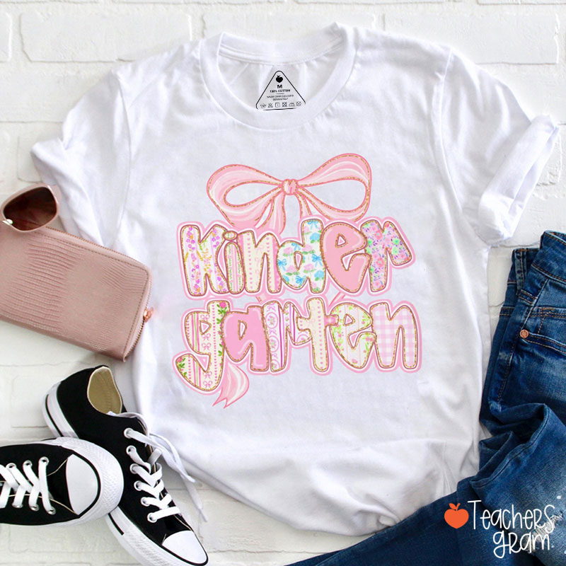 Personalized Grade Pink Bow Flowers Teacher T-Shirt