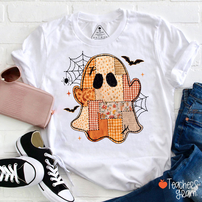 Faux Patchwork Quilt Ghost Halloween Fall Spider Web Teacher T‑Shirt