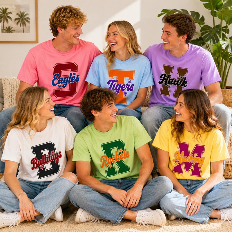 Personalized Mascot Preppy Whimsy Neon Letter Teacher T-Shirt
