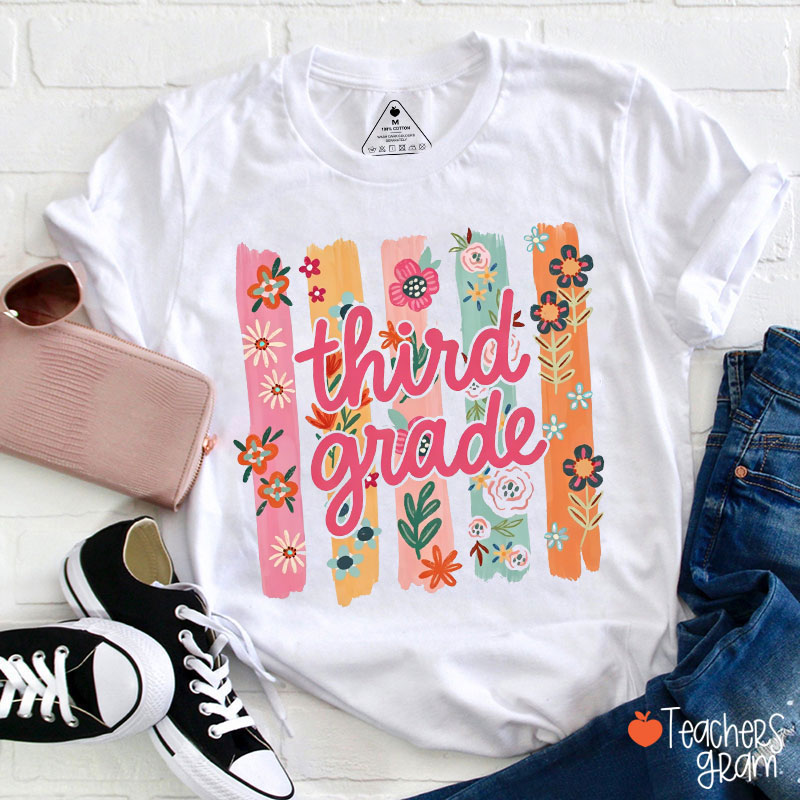 Personalized Grade Watercolor Floral Stripes Teacher T-Shirt