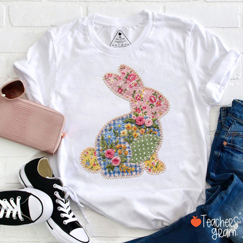 Faux Patchwork Floral Easter Bunny Teacher T-Shirt