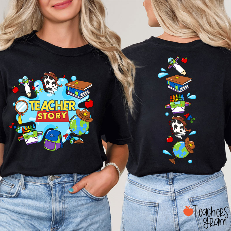 Teacher Story Cute School Stuff Icons Teacher Two Sided T-Shirt