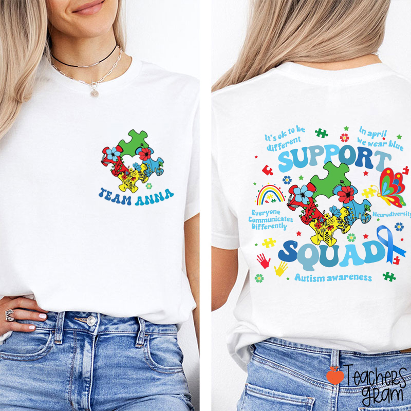 Personalized Name Autism Awareness Support Squad Teacher Two Sided T-Shirt
