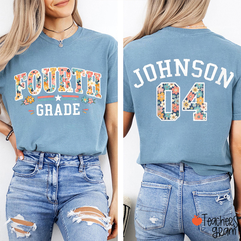 Personalized Name And Grade Team Squad Flower Teacher Two Sided T-Shirt