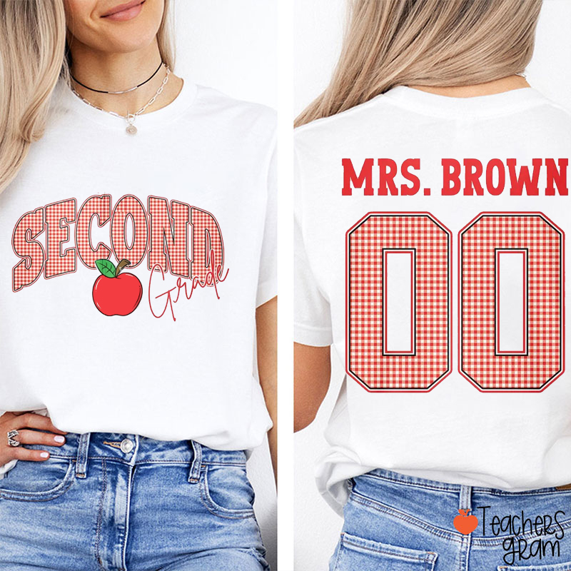 Personalized Grade And Name Checkered Letter Apple Teacher Two Sided T-Shirt
