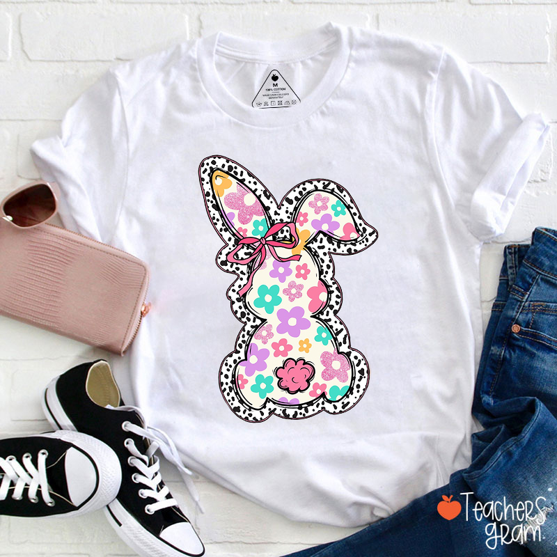 Leopard Flower Bunny Teacher T-Shirt