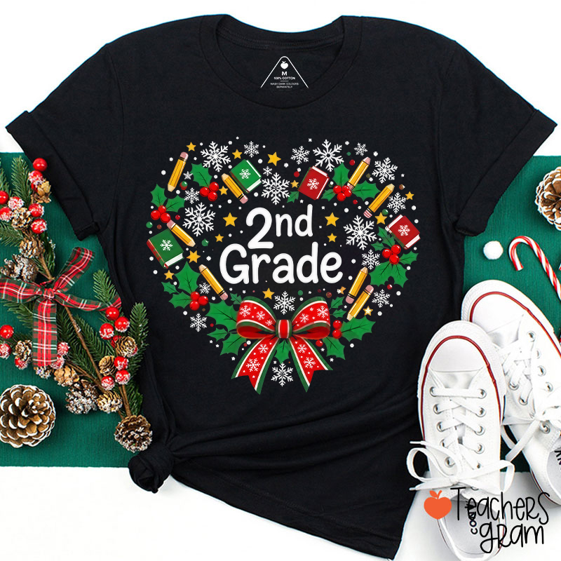 Personalized Festive Grade Christmas Heart Teacher T-Shirt