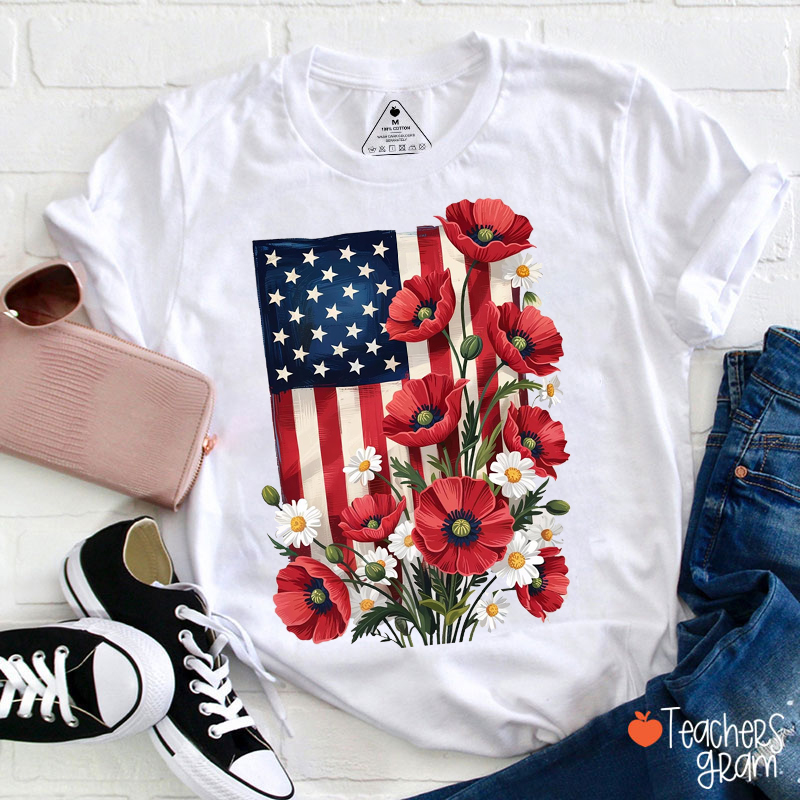 Floral USA Flag Teacher T-Shirt
