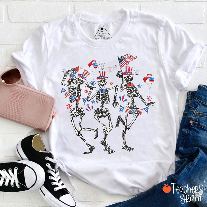 Dancing Skull Happy Independence Day Teacher T-Shirt