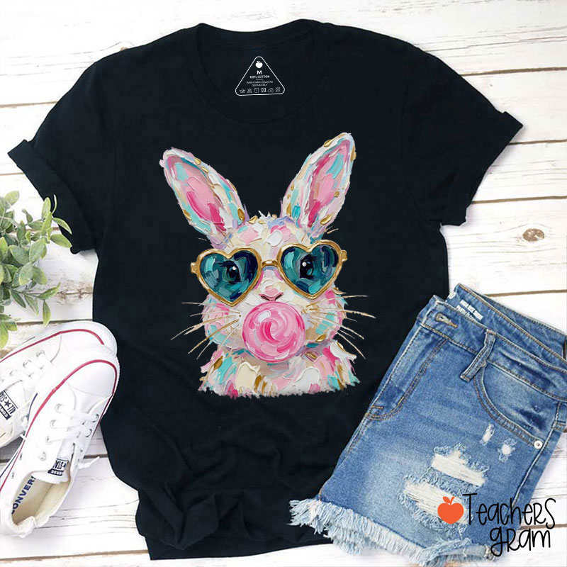 Oil Painting Style Bunny Blowing Bubble Teacher T-Shirt