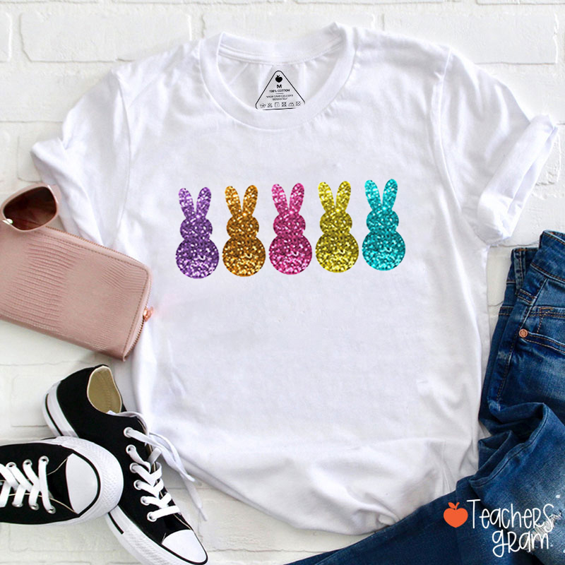 Glitter Colorful Bunny Easter Teacher T-Shirt