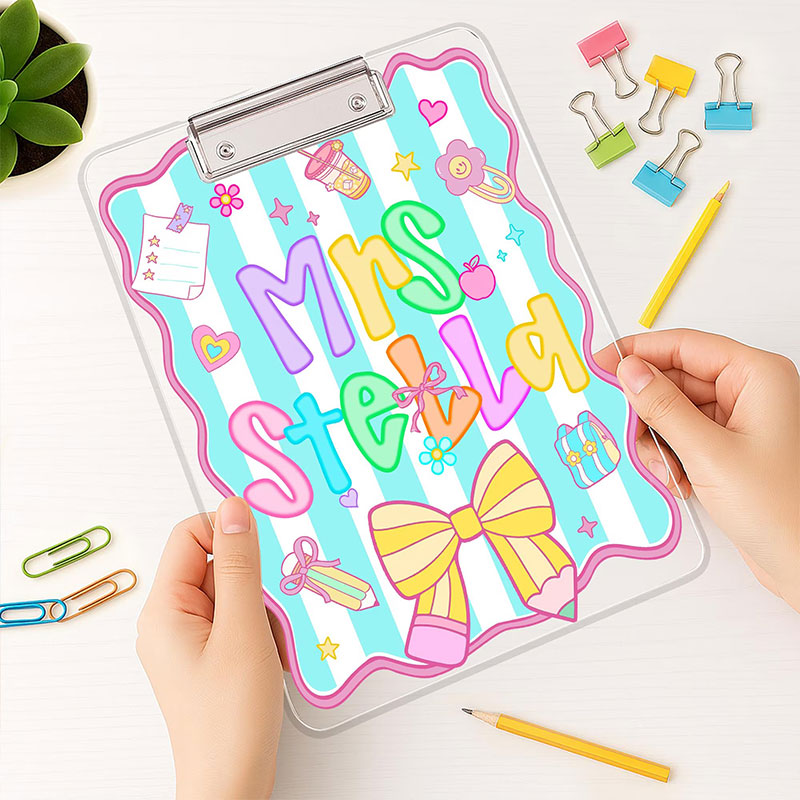 Personalized Blue Striped With Pencil Bow Teacher Clipboard