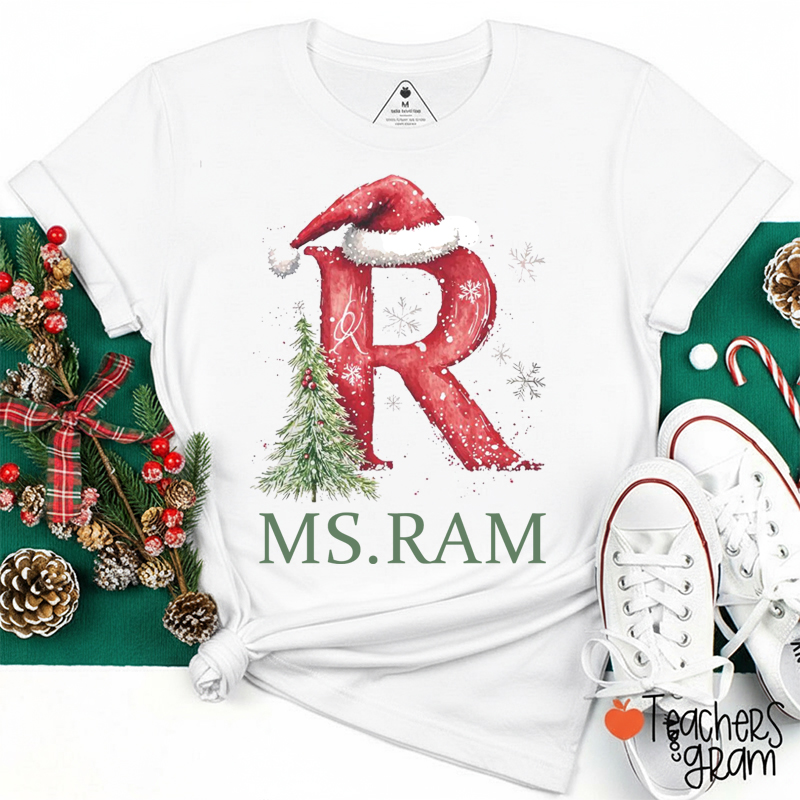 Personalized Name And Initials Snowflake Santa Hat Teacher T-Shirt