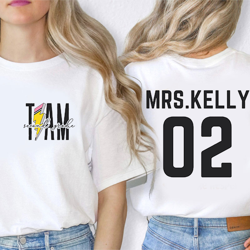 Personalized Teacher's Name And Grade Lightning Pencil Print Teacher Two Sided T-Shirt