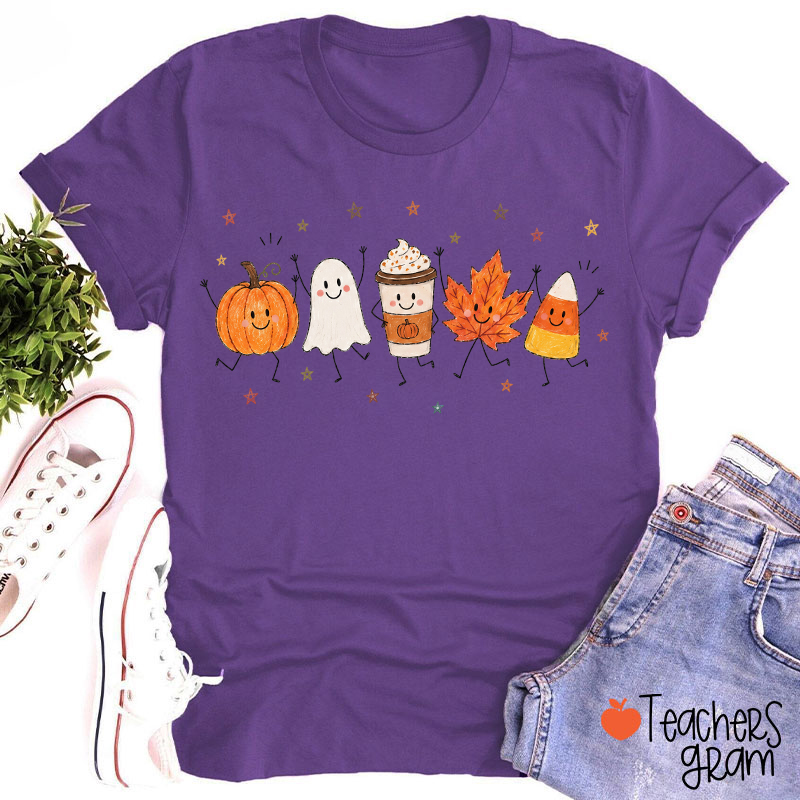 Cute Fall Halloween Dancing Pumpkin Ghost Coffee Maple Leaf Candy Corn Teacher T‑Shirt