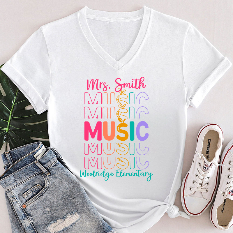 Personalized Colorful Apple Teacher Female V-Neck T-Shirt
