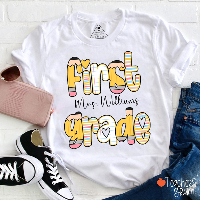 Personalized Grade Name Pencil Notebook Heart Teacher T-Shirt