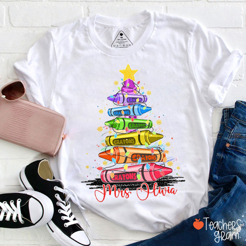Peraonalized Name Christmas Crayon Tree Teacher T-shirt