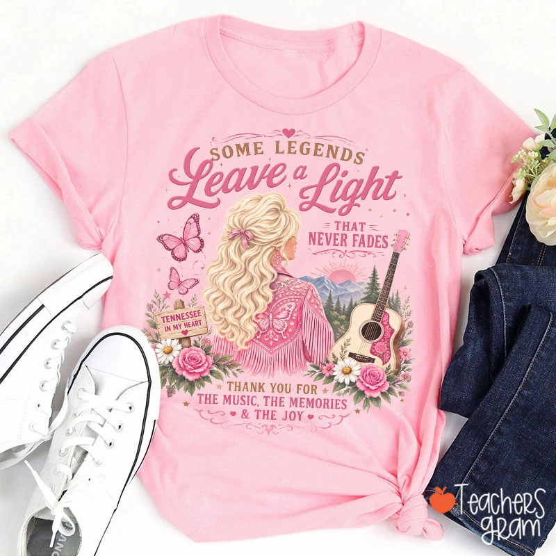Some Legends Leave A Light Dolly Portrait Guitar Butterfly Teacher T‑Shirt