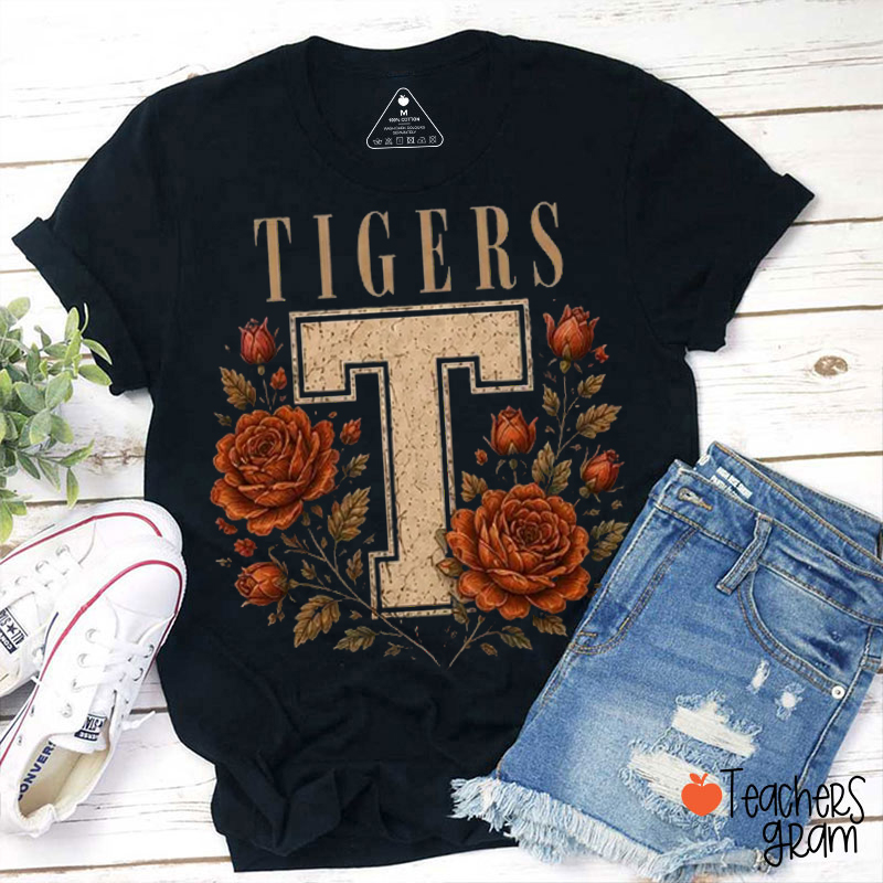 Personalized Mascot Sport Floral Initial Letter Teacher T‑Shirt