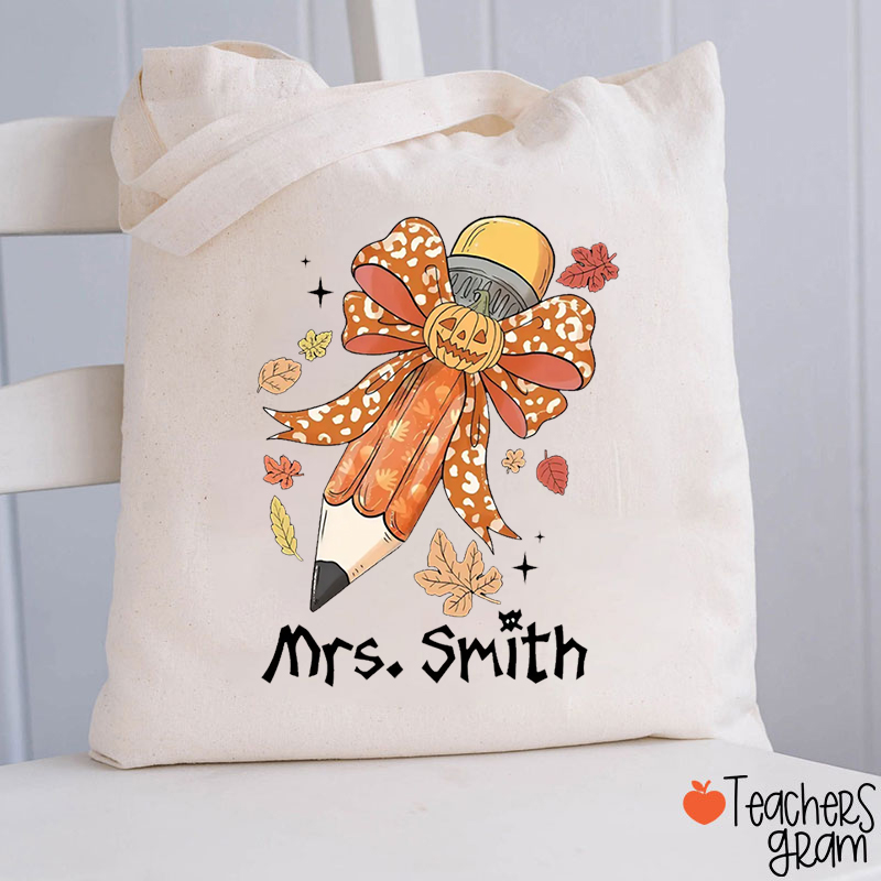 Personalized Halloween Bow Tie Pencil Teacher Tote Bag