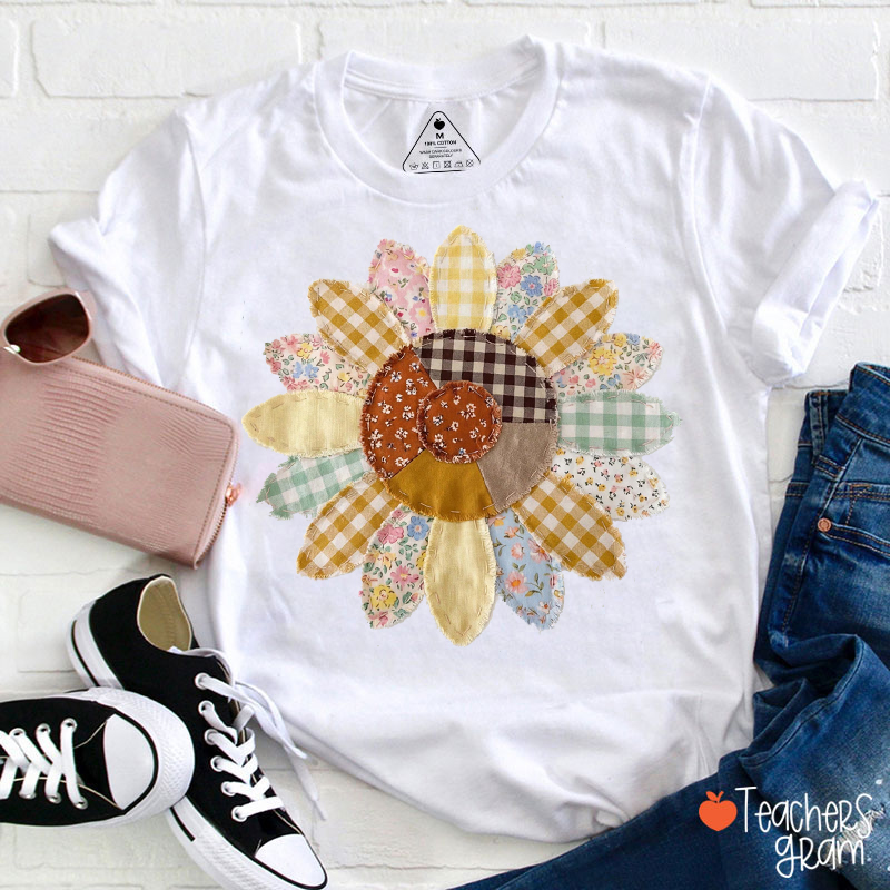 Faux Quilted Patchwork Sunflower Teacher T-Shirt