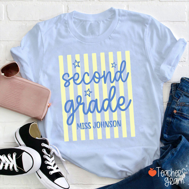 Personalized Grade Blue Gingham Stripes Teacher T-Shirt