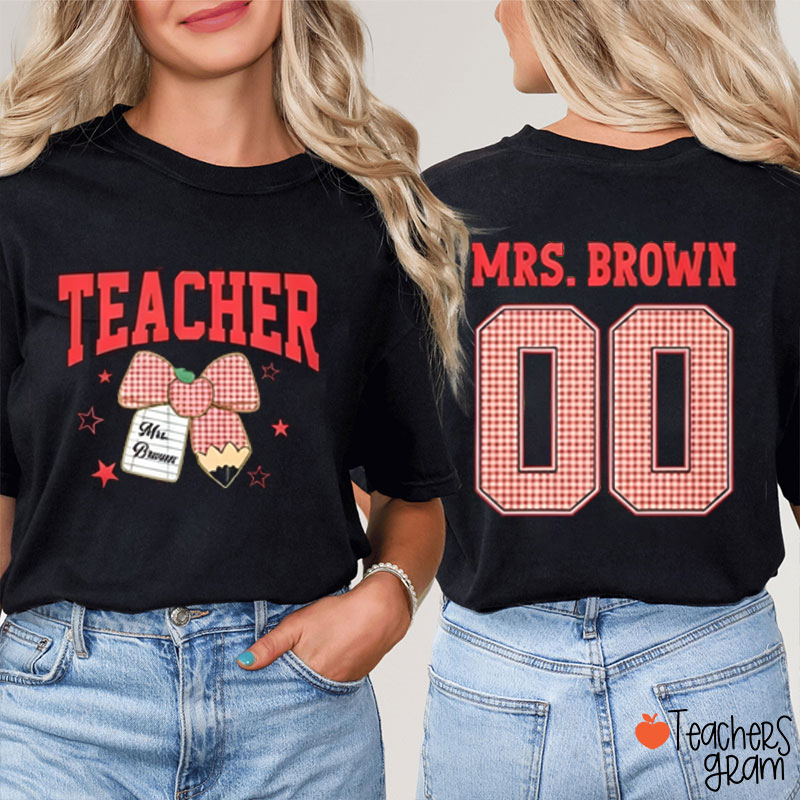 Personalized Name Number Apple Bow Teacher Two Sided T-Shirt