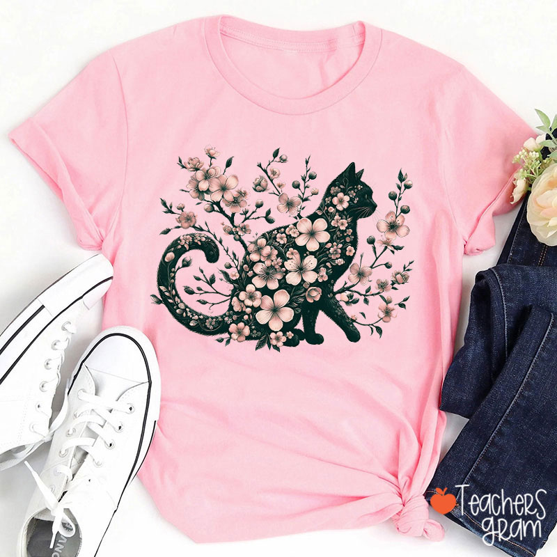 Cat And Pink Flower Teacher T-Shirt
