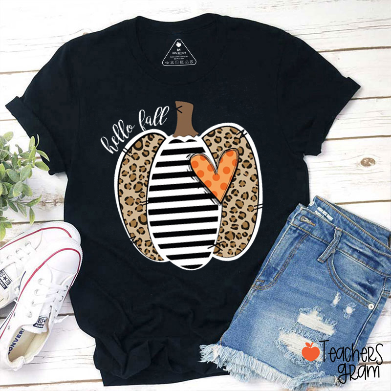 Hello Fall Leopard Pumpkin Teacher T-Shirt