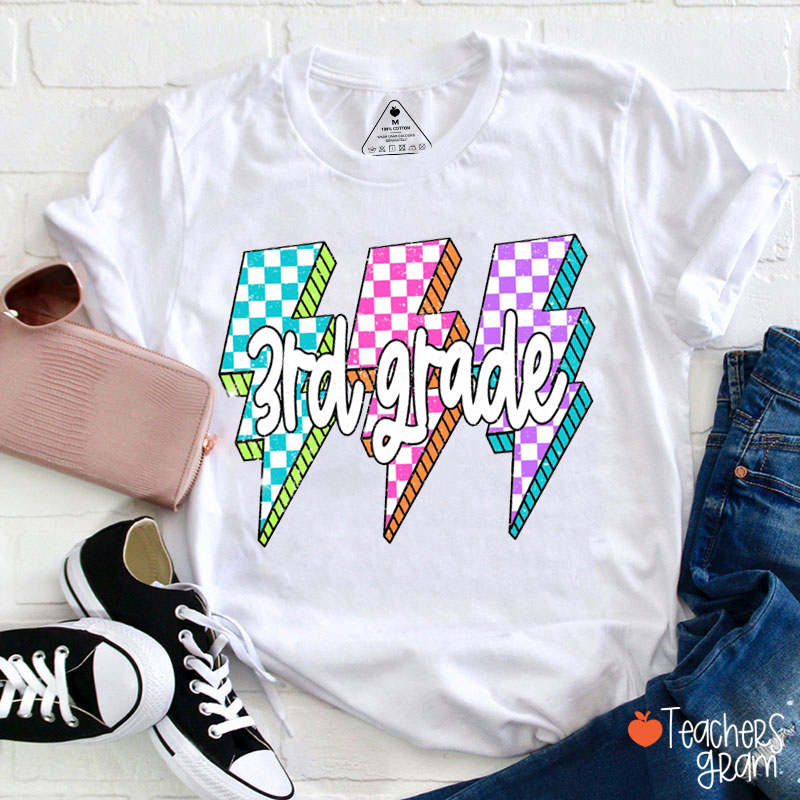 Personalized Grade Checkered Lightning Teacher T-Shirt