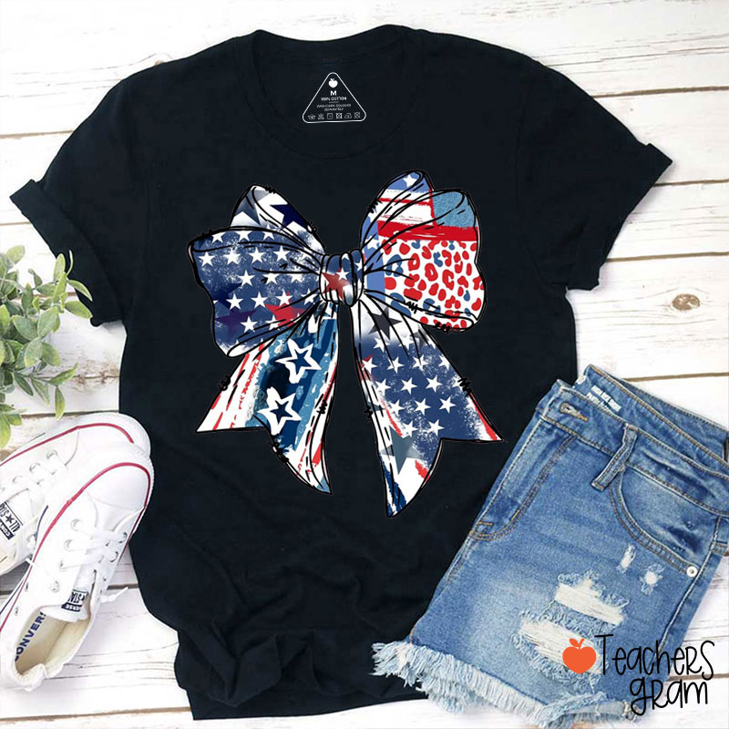 American Flag Big Bow Teacher T-Shirt