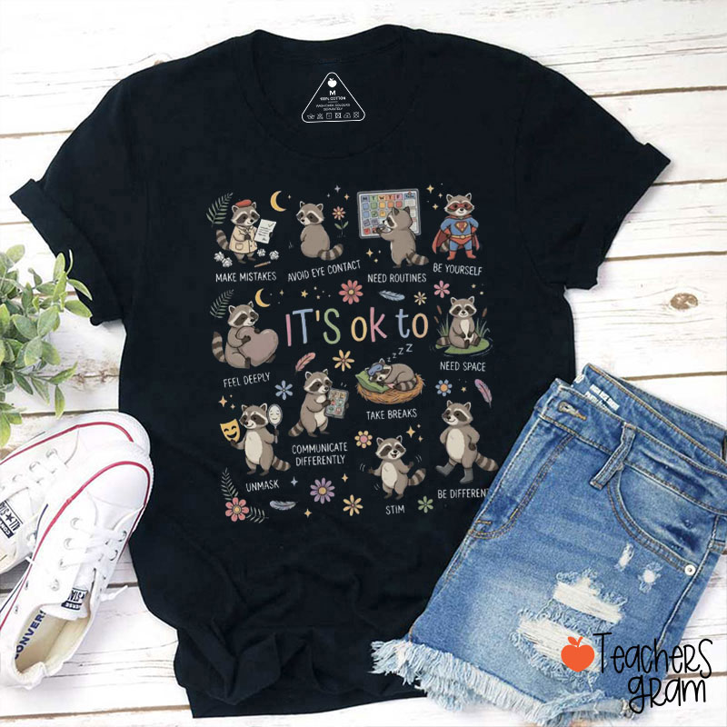 It's Ok To Be Different Autism Raccoon Teacher T-Shirt
