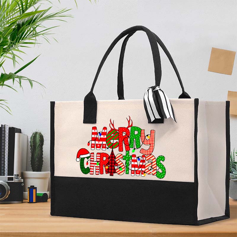 Merry Christmas With Rich Pattern Teacher Cotton Tote Bag