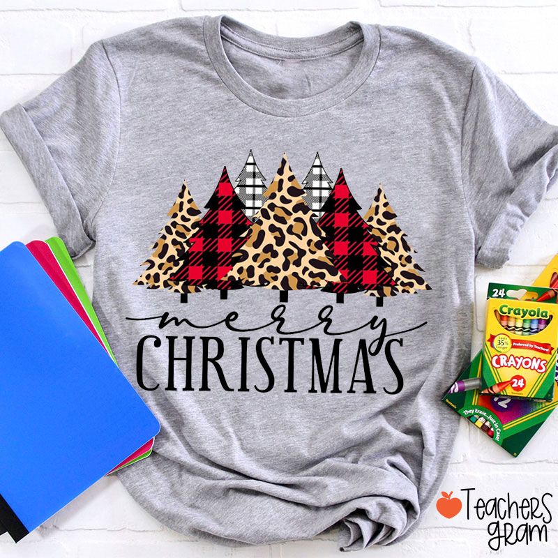 Merry Christmas Leopard Print Christmas Tree Teacher T-Shirt