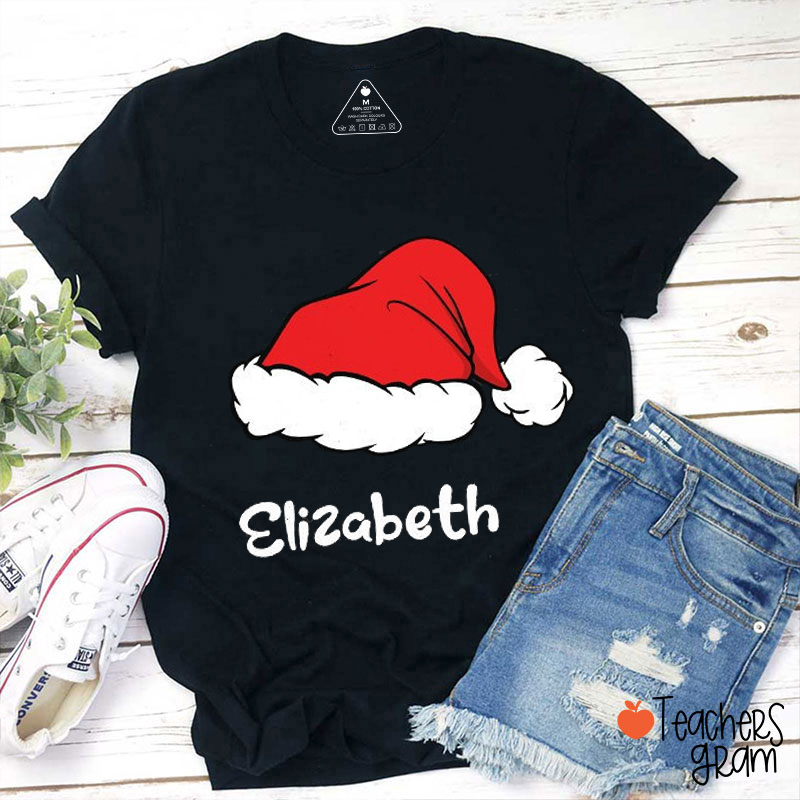 Personalized Name Santa Hat Merry Christmas Teacher T-Shirt