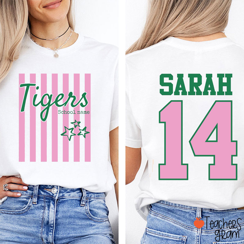 Personalized Mascot Name Number Vertical Stripe Two Sided Teacher T-Shirt