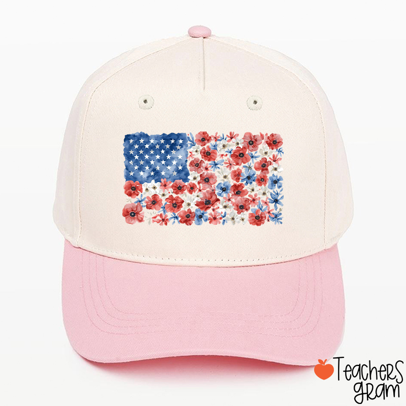 Vintage Floral USA Flag Teacher Baseball Cap