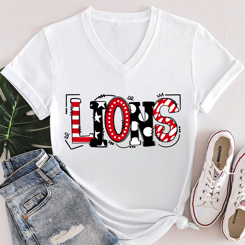 Personalized Mascot Cute Fonts Game Day Teacher Female V-Neck T-Shirt