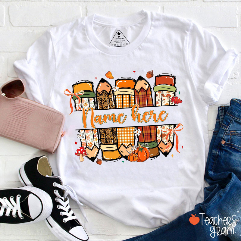 Personalized Name Floral Autumn Pencil Teacher T-Shirt