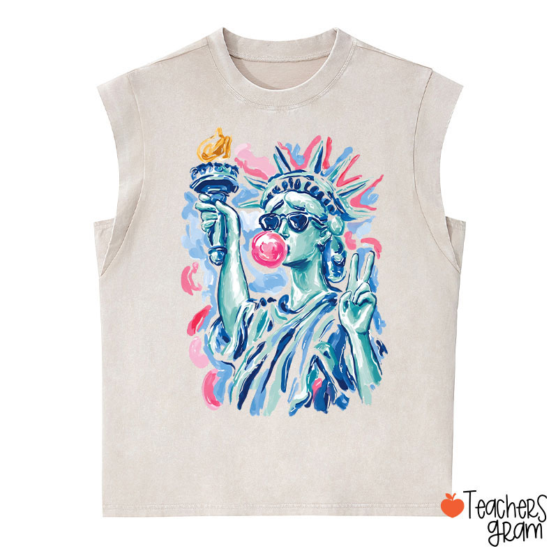 Preppy Statue Of Liberty Blowing Bubble Teacher Washed Tank Top