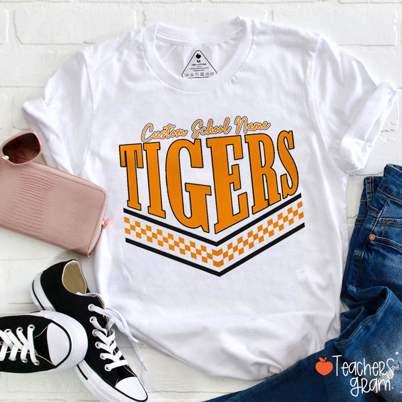 Personalized Mascot And School Name Checkered Game Day Teacher T-Shirt
